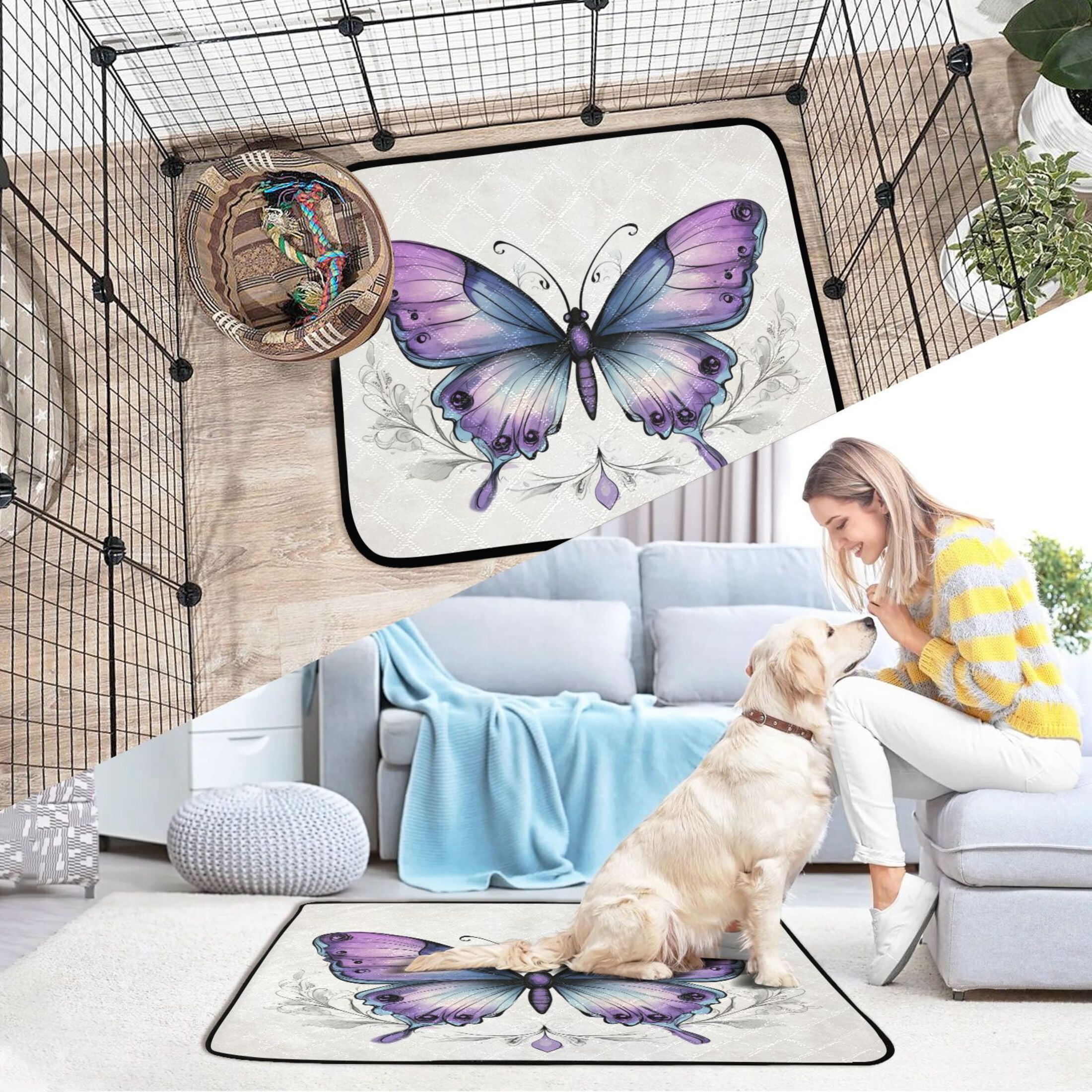 Washable Pet Pee Pads with Super Absorbent Reusable Training Pads for Dogs & Cats A Blue Butterfly
