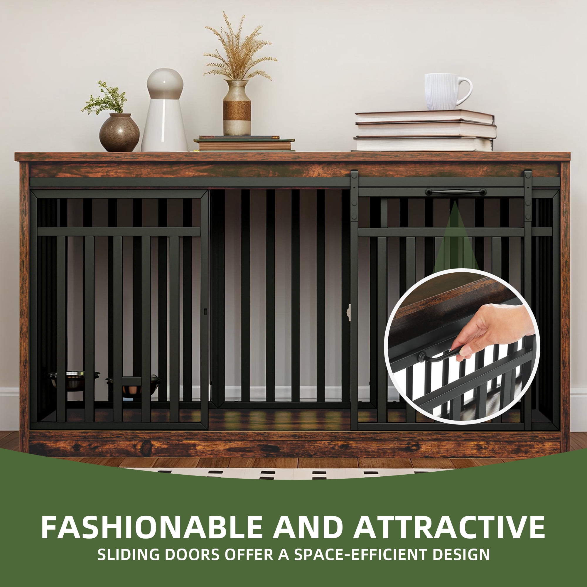 Uforic Large Dog Crate Furniture with 2 Dog Bowls, 55.1 Inch Heavy Duty Wooden TV Stand, Metal Dog Kennel, Rustic Brown