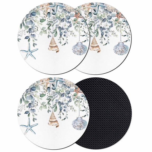 Green Teal Eucalyptus Coasters Set of 4, Coastal Summer Starfish Absorbent Coasters for Drinks, Coaster for Bar Office Dining Coffee Table Accessories Decor, Non Slip Round Desk Coaster