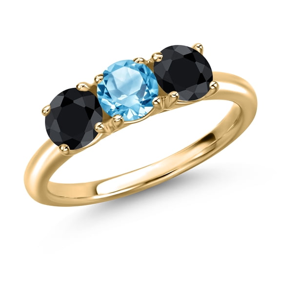 Gem Stone King 10K Yellow Gold Swiss Blue Topaz and Black Sapphire Engagement Ring for Women | 2.03 Cttw | Round 5MM | Gemstone November Birthstone | Size 7
