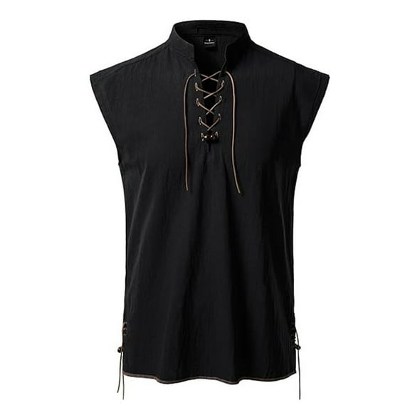 USNSM Men's Faux Cotton Linen Vintage Pullover Solid Color Sleeveless Lapel Tie Vest Top Renaissance Clothes Black XXL