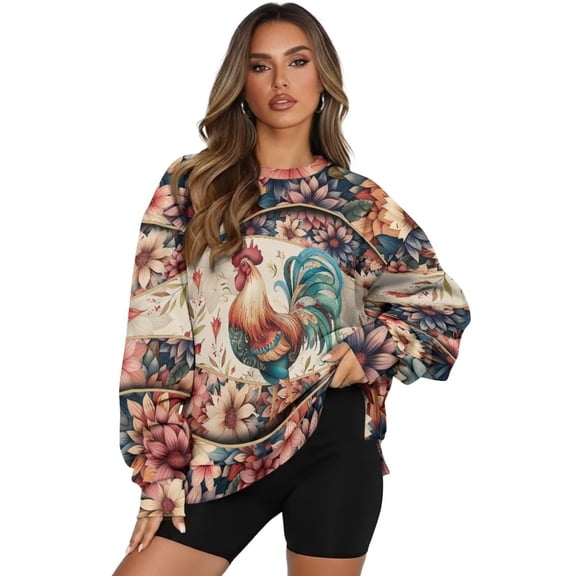 Yuyamidu Women's Fashion Hoodie Sweatshirts Oversized Womens Novelty Sweatshirts with Pockets Flower Rooster Loose Crewneck Pullover Casual Tops Long Sleeve Shirts Spring Fall Winter Clothes