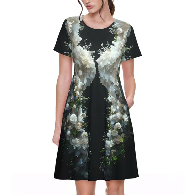 Disketp Floral Angelic White Wings para Vestido de Manga Corta para Mujeres, Vestidos de Verano para Mujeres, Casual y Holgado para la Playa