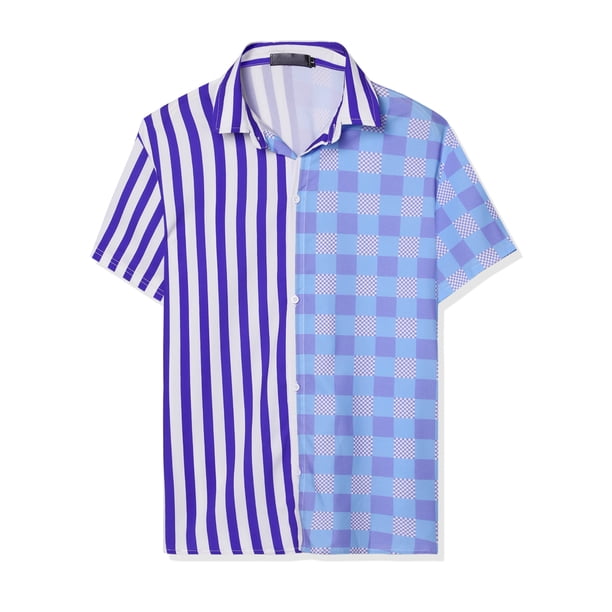 Lars Amadeus Camisa de cuadros a rayas estampada con botones y manga corta en color en contraste para hombre Morado negro M
