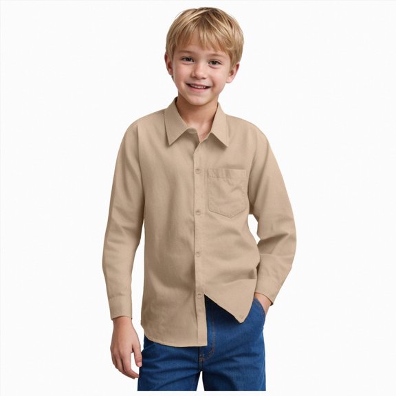 enyan Boys' Long Sleeve Solid Button-Down Collared Oxford Shirt with Chest Pocket Khaki,9-10 Years