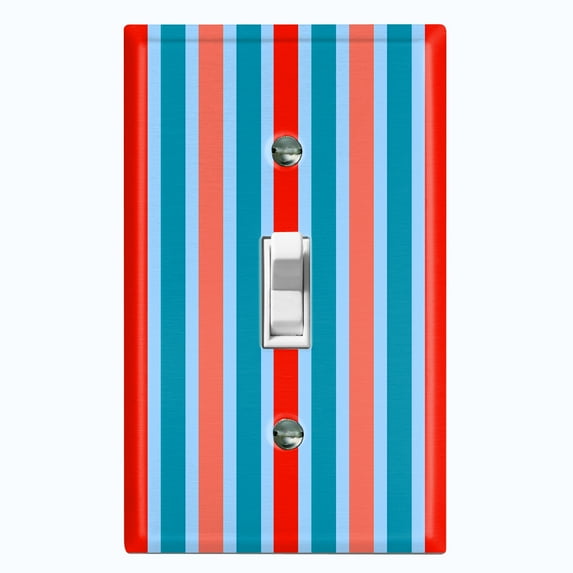 Metal Light Switch Wall Plate Outlet Cover (Vintage Red Teal Striped Wall - Single Toggle)