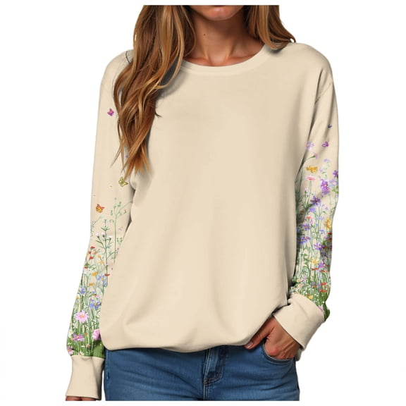 larppty Womens Fashion Floral Printed Crewneck Long Sleeve Casual Sweatshirt Pullover Tops (Beige, XL)