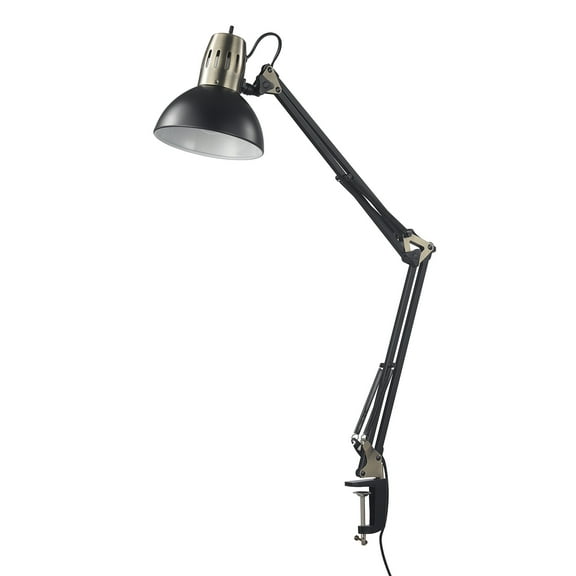 32" Matte Black Multi-Joint Desk Lamp with Metal Clamp Base and Antique Brass Accents