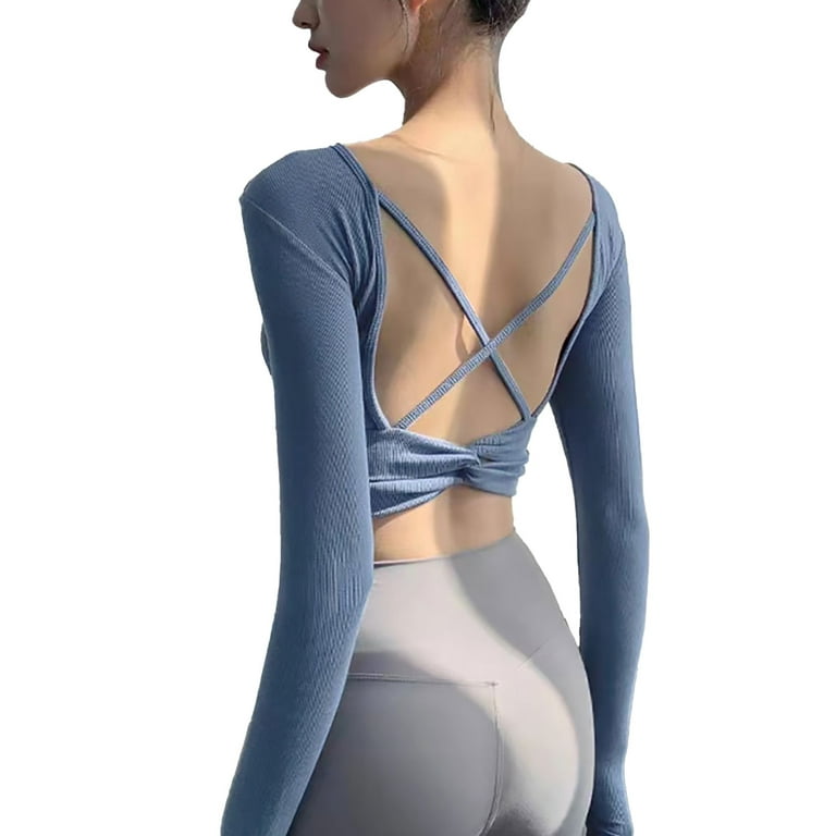 Plus Size Sports Bras for Women Long Sleeved Yoga Top Chest Pad Kink  Beautiful Back Fitness T Shirt Slim Sport Bra Blue L 