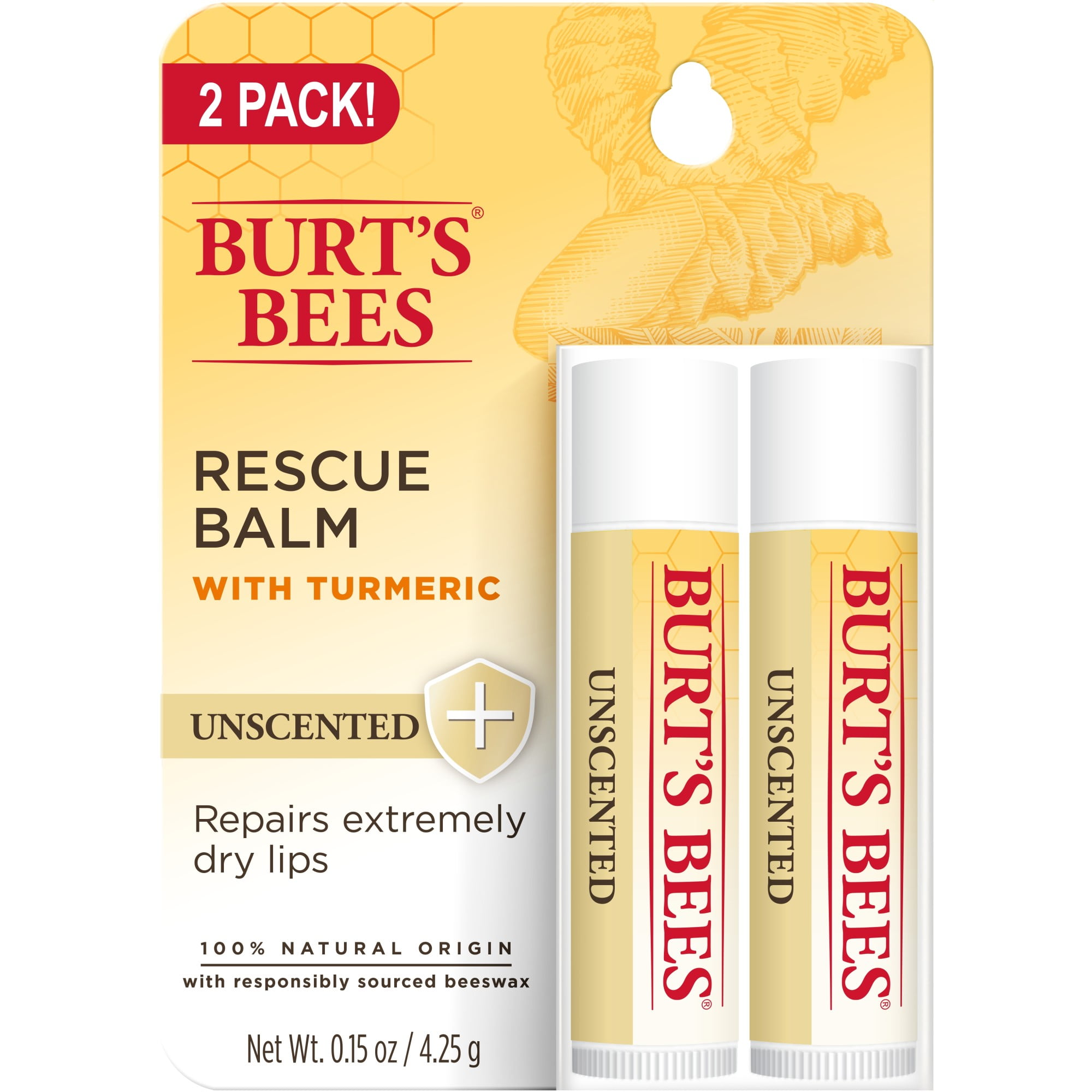 Bees 100% Natural Origin Rescue Lip Balm, Unscented, 2 Tubes - Walmart.com