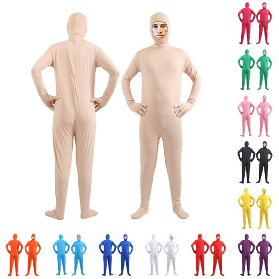 XIAOCHA Mens Solid Skin Tone Full Body Zentai Jumpsuit Hooded Footed Long Sleeve Halloween Performance Bodysuit