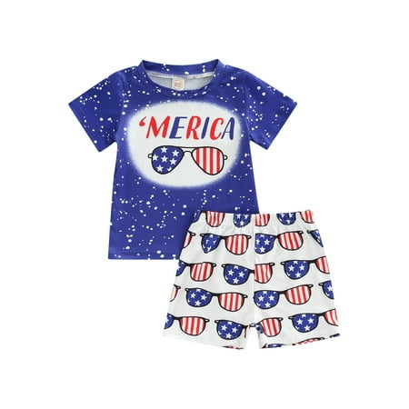 

Canrulo 4th of July Toddler Baby Boy Shorts Set Short Sleeve Tops and Drawstring Shorts Independence Day Clothes Blue 18-24 Months