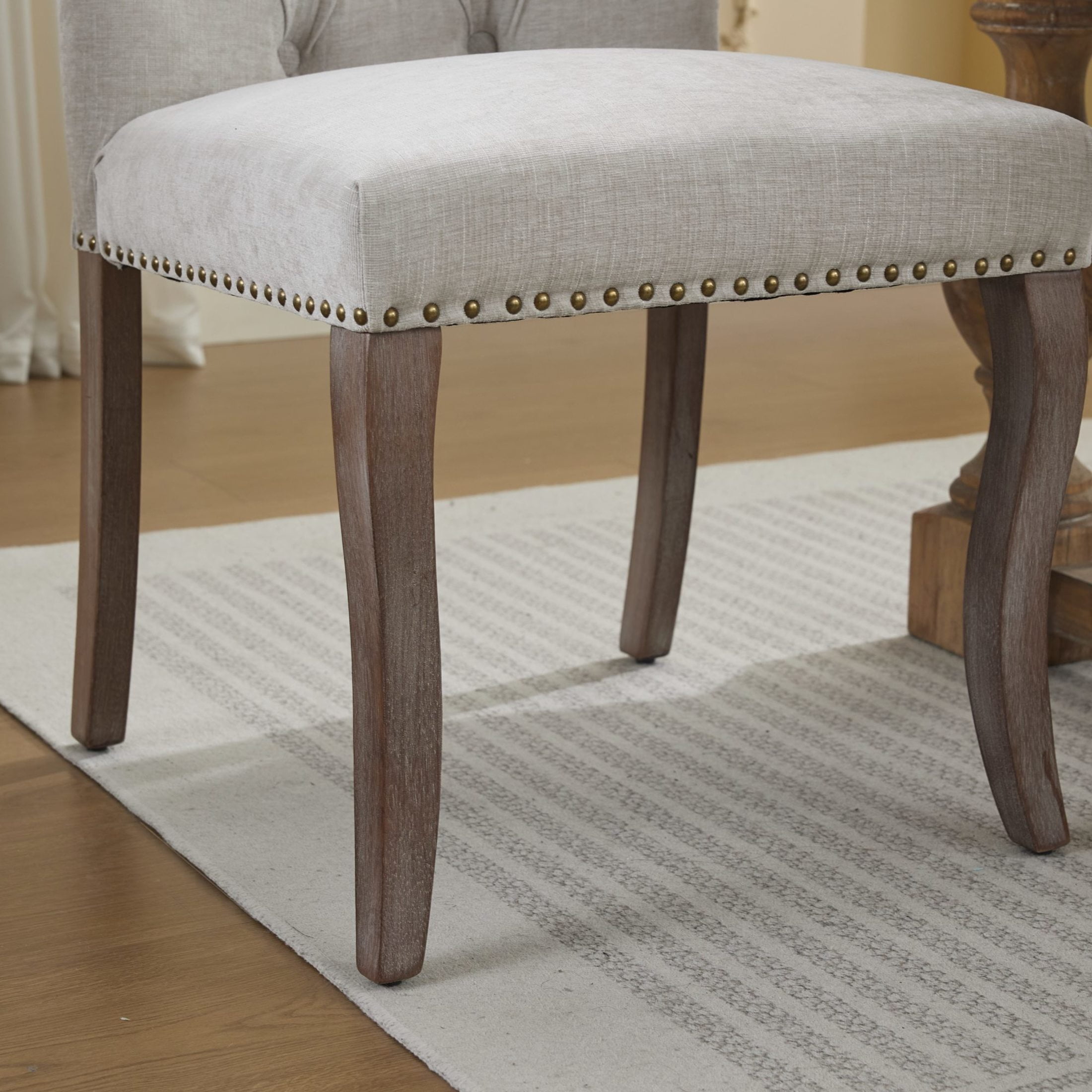 Noble House Set of 2 Tufted Chenille Upholstered Dining Chairs, Curved Solid Wood Legs, Beige