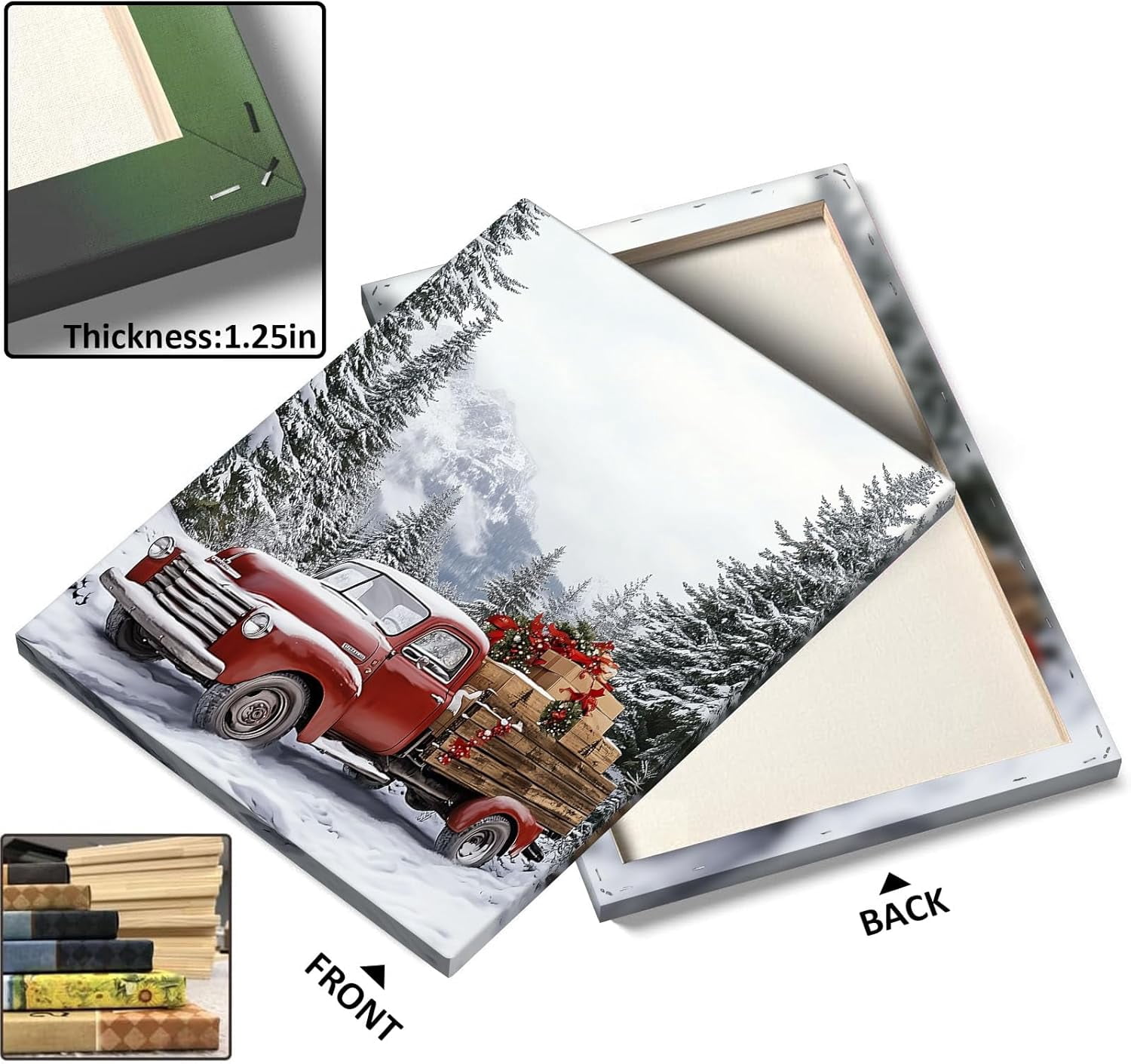 Christmas Canvas Wall Art Decor with Truck on Snowy Road, Gifts and Snow-Covered Pines, Holiday Canvas Print for Living Room and Bedroom, Festive Fixed Canvas for Winter Home Décor,24X30inch