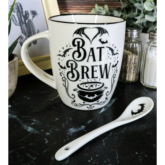 Wicca Occult Magic Bat Brew Spell Cauldron Porcelain Coffee Mug And Spoon Set
