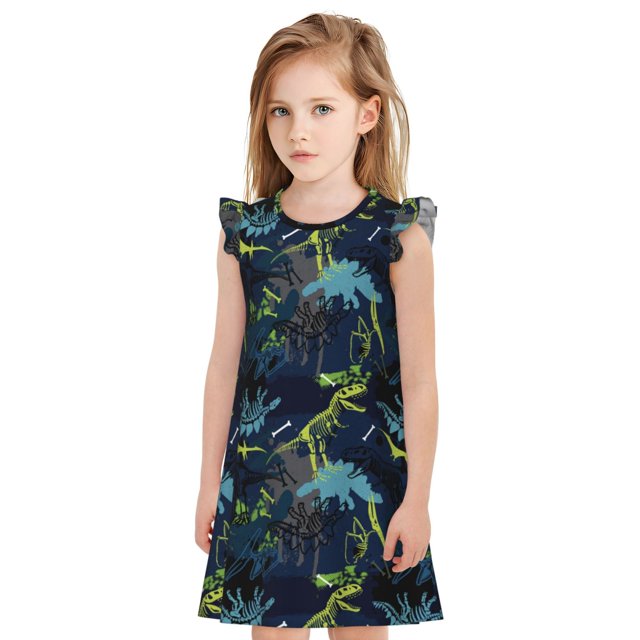 Fotbe Cartoon Dinosaur Vestido de Dormir para Niñas de 3 a 10 Años, Mangas Cortas, Estilo Princesa, Pijama Camisón con Mangas Voladas-X-Large