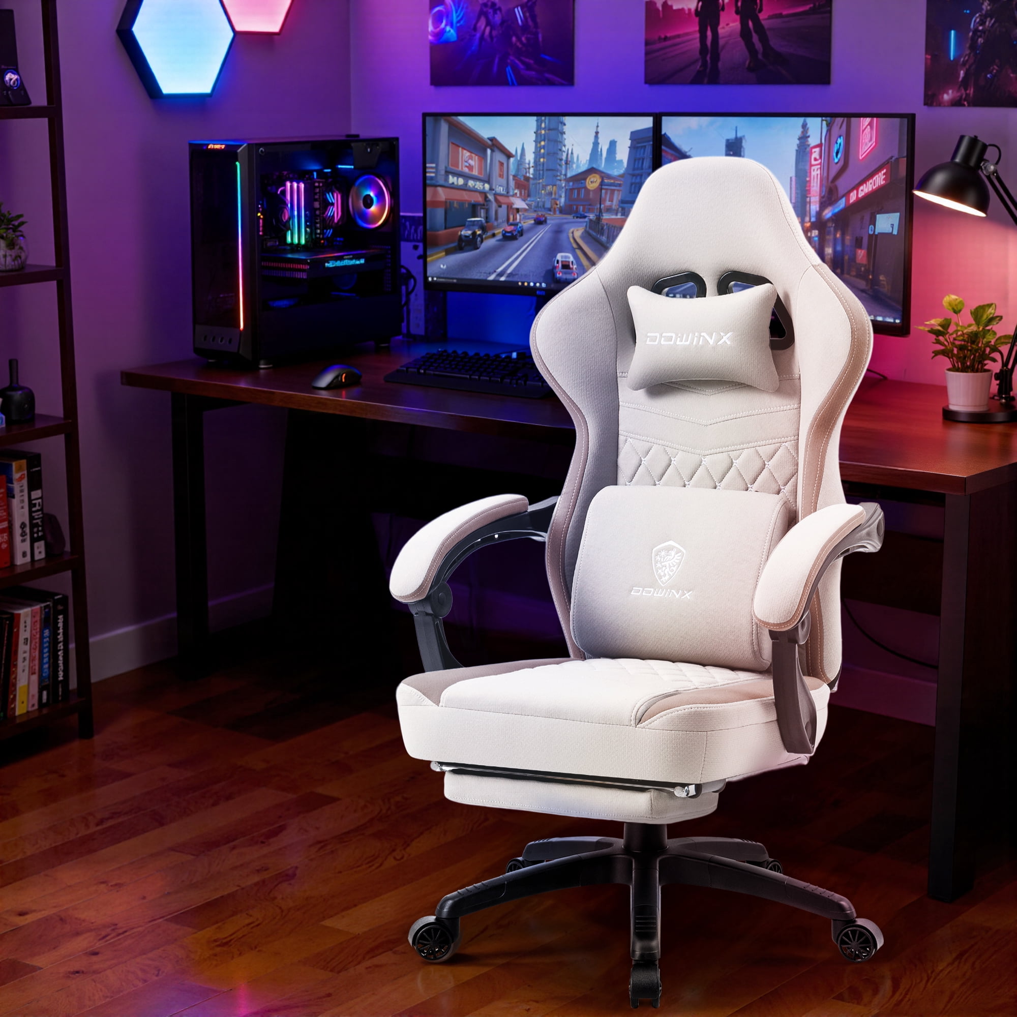 GOOSEA Breathable Fabric Gaming Chair, Comfort Office Chair with Gel Cushion and Storage Bag, Beige