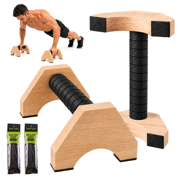 Fatato Wooden Parallettes Bars 2 Pcs Wood Push Up Bars with PU Grip Wraps, Non-Slip Pads, Strong Support Handles for Calisthenics Home Gym Training