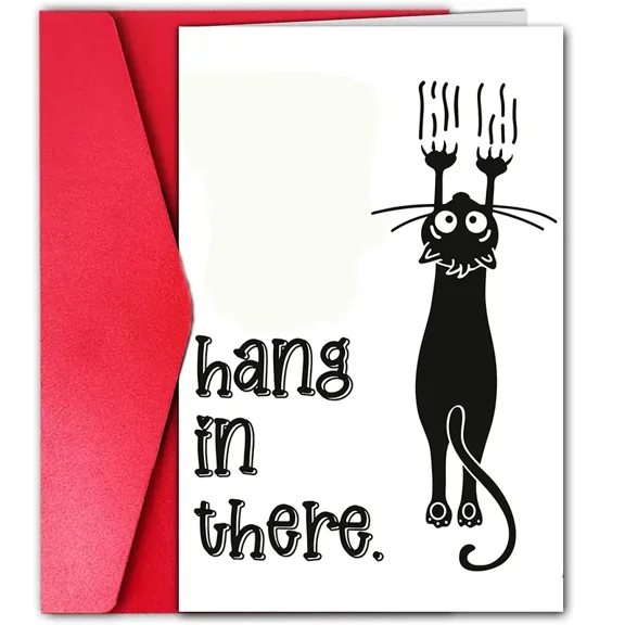 Hang in There Cat Funny Encouragement Card – Perfect for Uplifting Friends – Blank Inside with Red Envelope – Great for Birthdays, Support, or Just Because