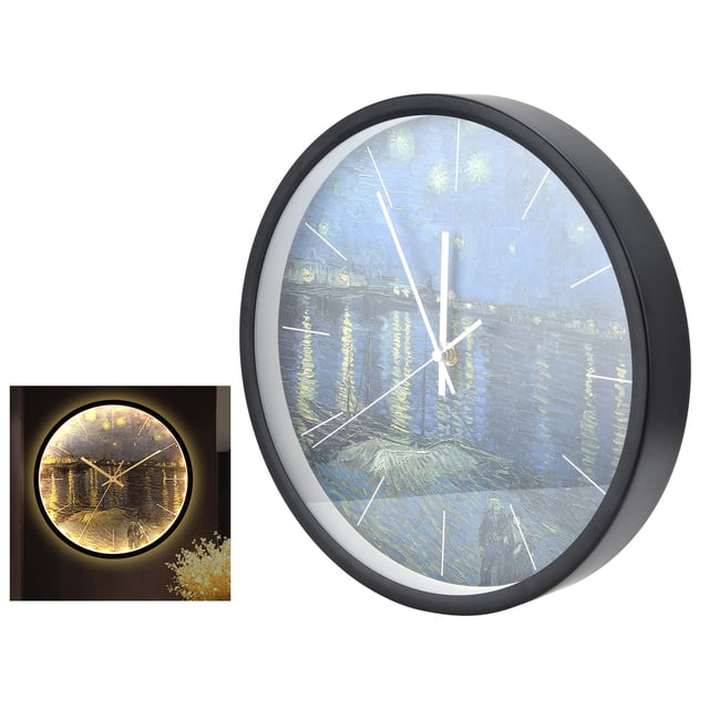 Domqga LED Night Light Wall Clock Sound Control Wall Clock Metal Black Round Wall Clock For Living Room,Night Light Wall Clock