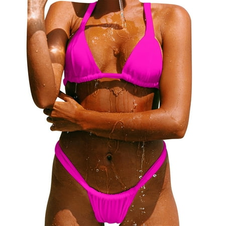 Spentoper Women s Split Bikini Women s Swimsuit Sexy Strap Solid Color Shiny Fabric Ready Made Swimsuit Hot Pink XL