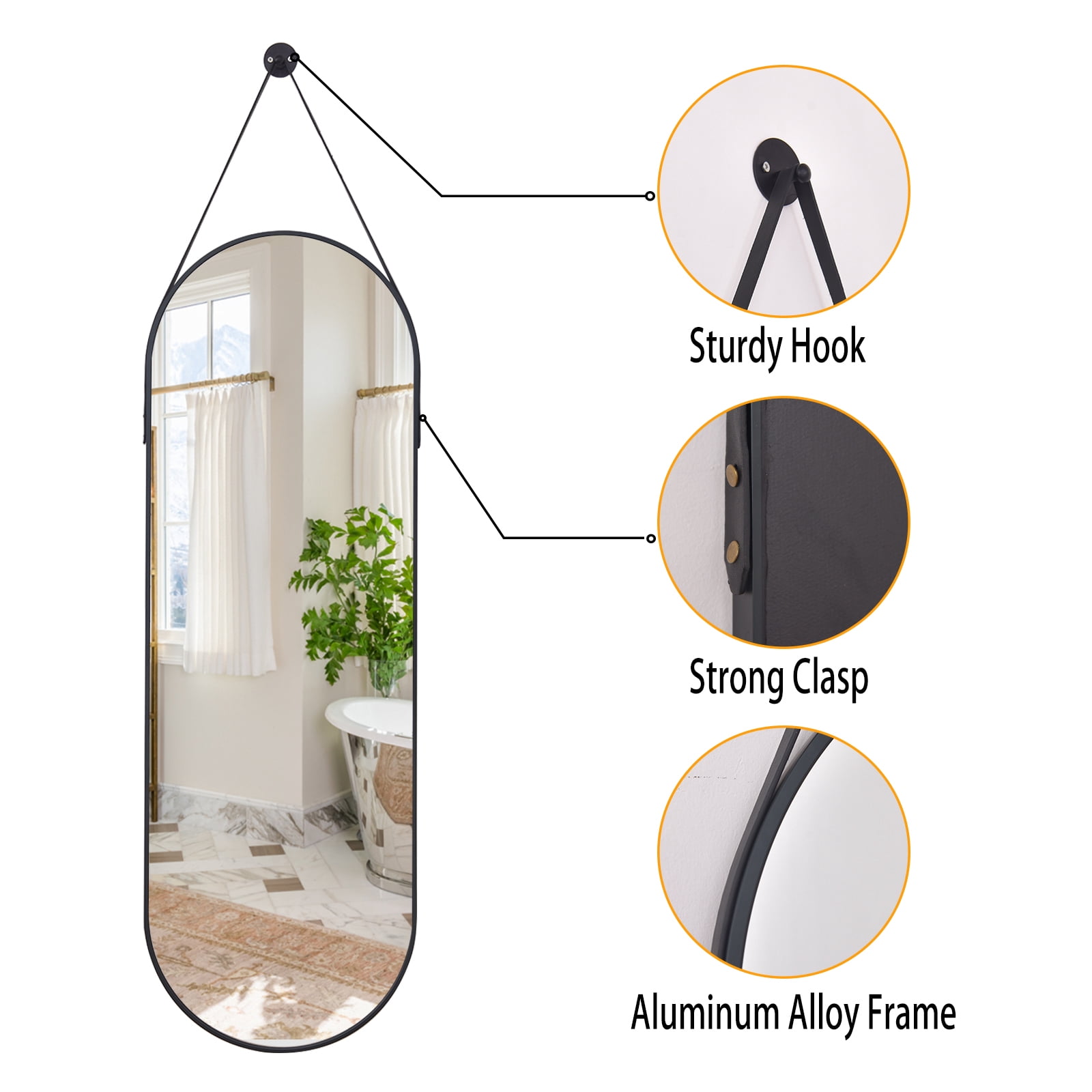 Anyrose 16" x 48" Oval Full Length Mirror Wall Decor Mirror, Black