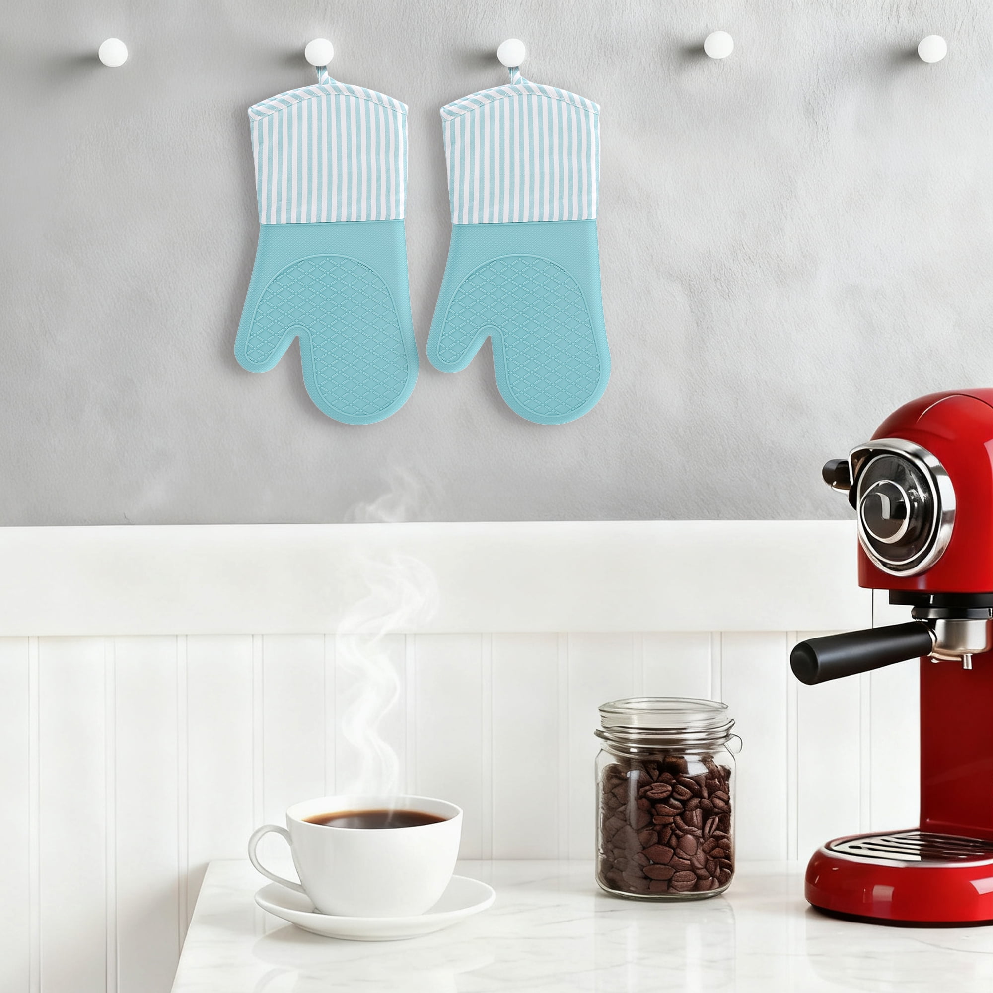 Unique Bargains 2pcs Soft Silicone Heat-Resistant Oven Mitts Cyan 13.4" x 7.3"