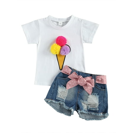 

Gwiyeopda Toddler Kids Baby Girl Clothes Set Short Sleeve T-shirt Tops Denim Shorts Outfit