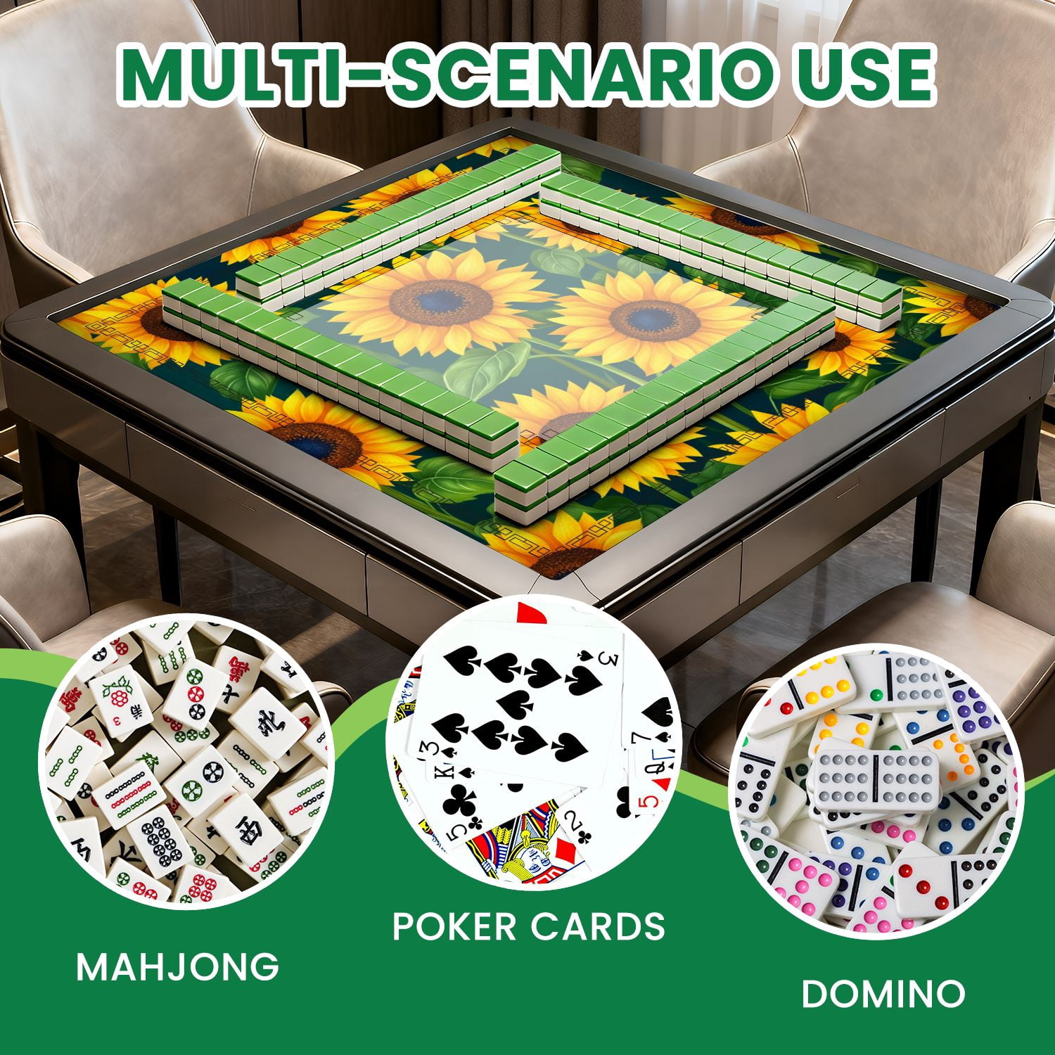 Mahjong Mat 31.5" x 31.5" Bright Sunflower Green Leaves Dark Non-Slip Noise Reduction American Mahjong Tiles Table Cover for Dominoes Poker Card Board Games Gift