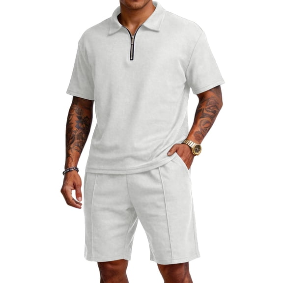 Homeyce Men's 2-Piece Summer Loungewear Set Short Sleeve Quarter Zip Casual Shorts Sets and Waffle Knit Shorts Set with Pockets Vacation Fashion Sweatsuit Outfit,White S