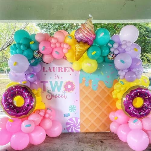 153Pcs Rainbow Donut Balloon Arch Garland Kit with Sprinkles Donut Ice Cream Lolly Foil Balloons for Girls Kids Candyland Sweet One Two Sweet Donut Grow Up Birthday Party Decorations