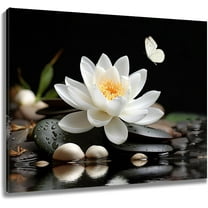 Zen Wall Art White Flower and Butterfly on the Stone Spiritual Relxing Scenery Framed Wall Art Calming Yoga Spa Canvas Wall Art for Living Room Bedroom Bathroom Wall Decor,16x12 Inch