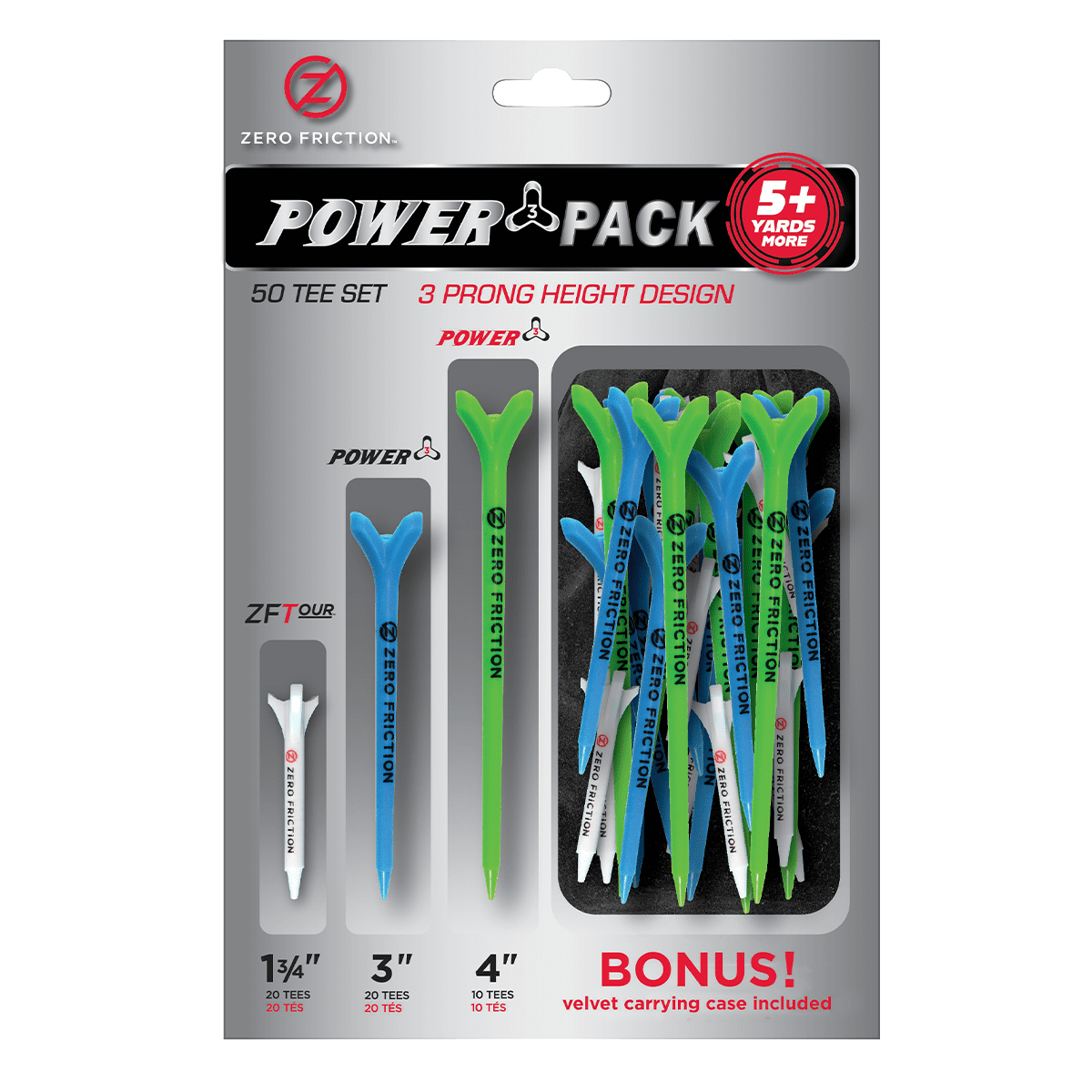 Zero Friction Power 3-Prong Tees Variety Pack - 50 Tee Set (20-White Hybrid, 20-Cyan 3' Power, 10-Lime 4' Power Tees)