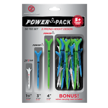 Zero Friction Power 3-Prong Tees Variety Pack - 50 Tee Set (20-White Hybrid, 20-Cyan 3" Power, 10-Lime 4" Power Tees)