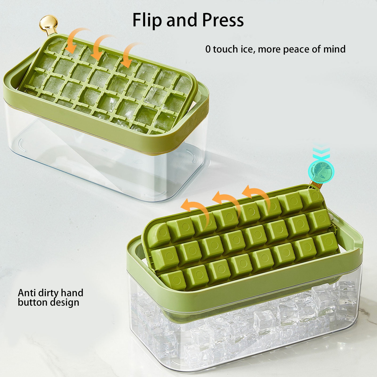 32-Cube Ice Tray Set with Lid & Scoop, Easy-Release Freezer Ice Maker - Green