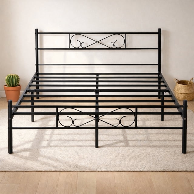 Cama Matrimonial Queen FurnitureR Matrimonial Metal Con Soporte de Listones Metálicos Negro