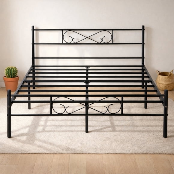 Cama Matrimonial Queen FurnitureR Matrimonial Metal Con Soporte de Listones Metálicos Negro