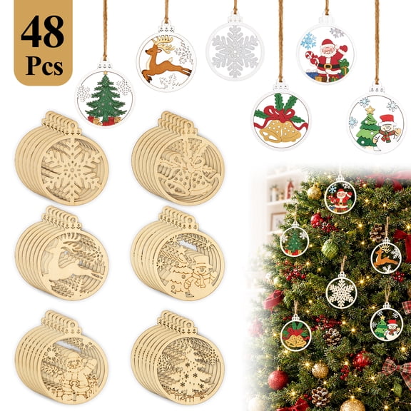 Aovky 48 Pcs Wooden Christmas Ornaments for Crafts, DIY Unfinished Wooden Slices with 6 Styles for Christmas Tree Hanging Decorations