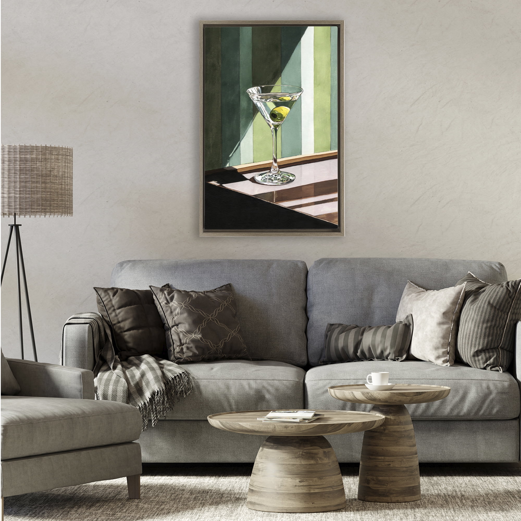 Stupell Industries Olive Martini in Sun Beam Brown Framed Floater Canvas Wall Art, design by Petal Prints Design