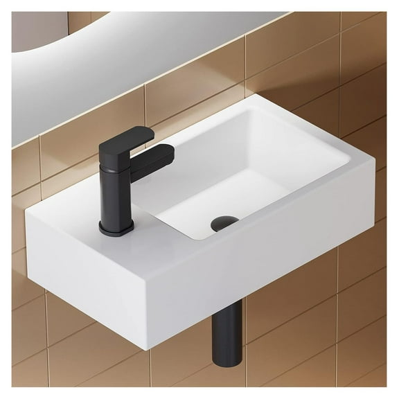 Small Bathroom Sink, CodYinFI 18" x10" Wall Mount Sink Rectangle White Porcelain Ceramic Vessel Sink for Tiny Bathrooms (Left Hand)