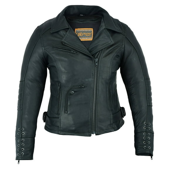Daniel Smart womens motorcycle jackets Premium Biker Leather Jacket with Grommet detailing with lace Design