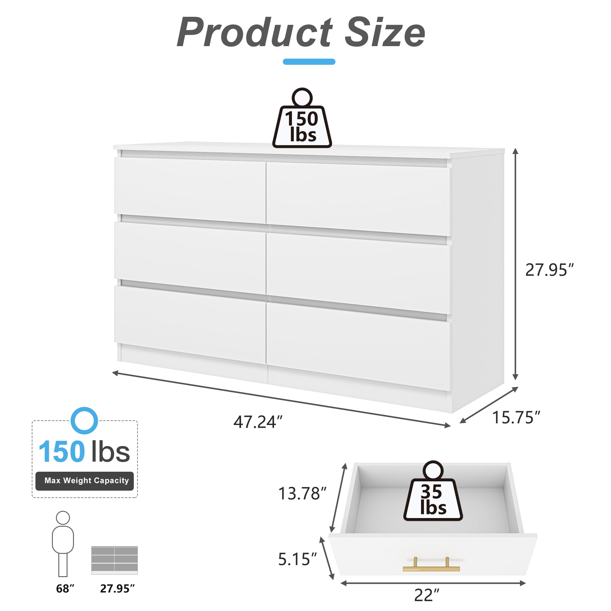 YYAo Particle Board 6 Drawer Dresser, Large Modern Chest of 6 Drawers Night Table, Storage Cabinet for Bedroom, Closet, Living Room, White YYAo Particle Board 6 Drawer Dresser, Large Modern Chest of 6 Drawers Night Table, Storage Cabinet for Bedroom, Closet, Living Room, White