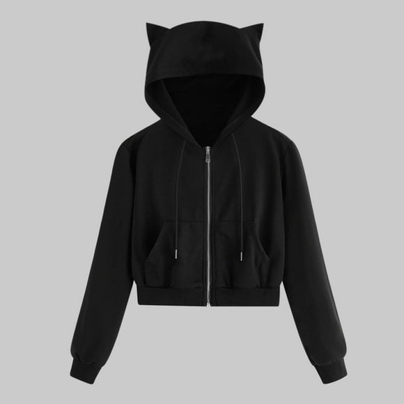 jsaierl Cat Ear Hoodies for Women Zip Up Crop Jacket Solid Long Sleeve Sweatshirt Casual Y2k Cute Hooded Jacket Outwear