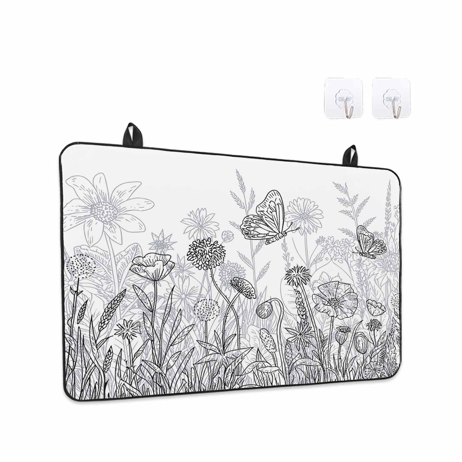 Grey Wildflowers Stove Top Cover for Electric Stove, Heat-proof & Non Slip Glass Top Stove Cover Protector, Modern Spring Floral Butterfly Plant Kitchen Flat Cooktop Rubber Mat 24x21 Inches