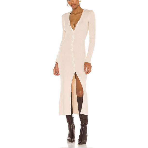 SKMY-vestido de punto de manga larga con cuello en V para mujer, prenda Sexy elástica, ajustada a la cadera, de un solo pecho, Color sólido, para fiesta, novedad de primavera
