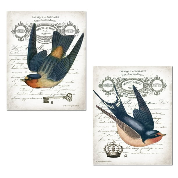 Lovely French Swallow Birds On Script Background; Two 11x14in Paper