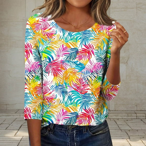 Shirts for Women 3/4 Sleeve Printing Round Neck Casual Loose T-shirt Blouses Multicolor,Womens Tops