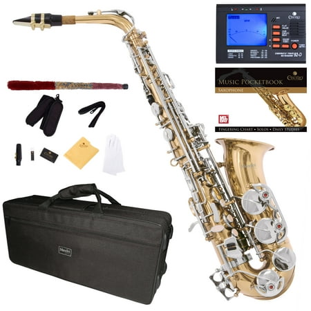 Mendini by Cecilio Eb Alto Sax w/Tuner, Case, Mouthpiece, 10 Reeds, Pocketbook and 1 Year Warranty, MAS-LN Gold Lacquer Body with Nickel Plated Key E Flat (Best Cheap Saxophone Brands)