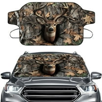 Xoenoiee Deer Hunting Camo Print Car Windshield Ice Snow Cover, Heavy Duty Windscreen Protector Cover with Elastic Strap, Winter Waterproof Frost Cover for Car Truck SUV RV