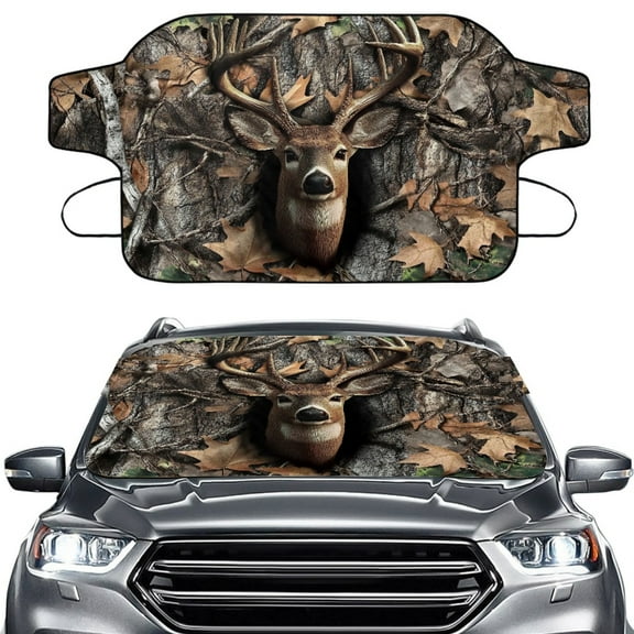 Xoenoiee Deer Hunting Camo Print Car Windshield Ice Snow Cover, Heavy Duty Windscreen Protector Cover with Elastic Strap, Winter Waterproof Frost Cover for Car Truck SUV RV